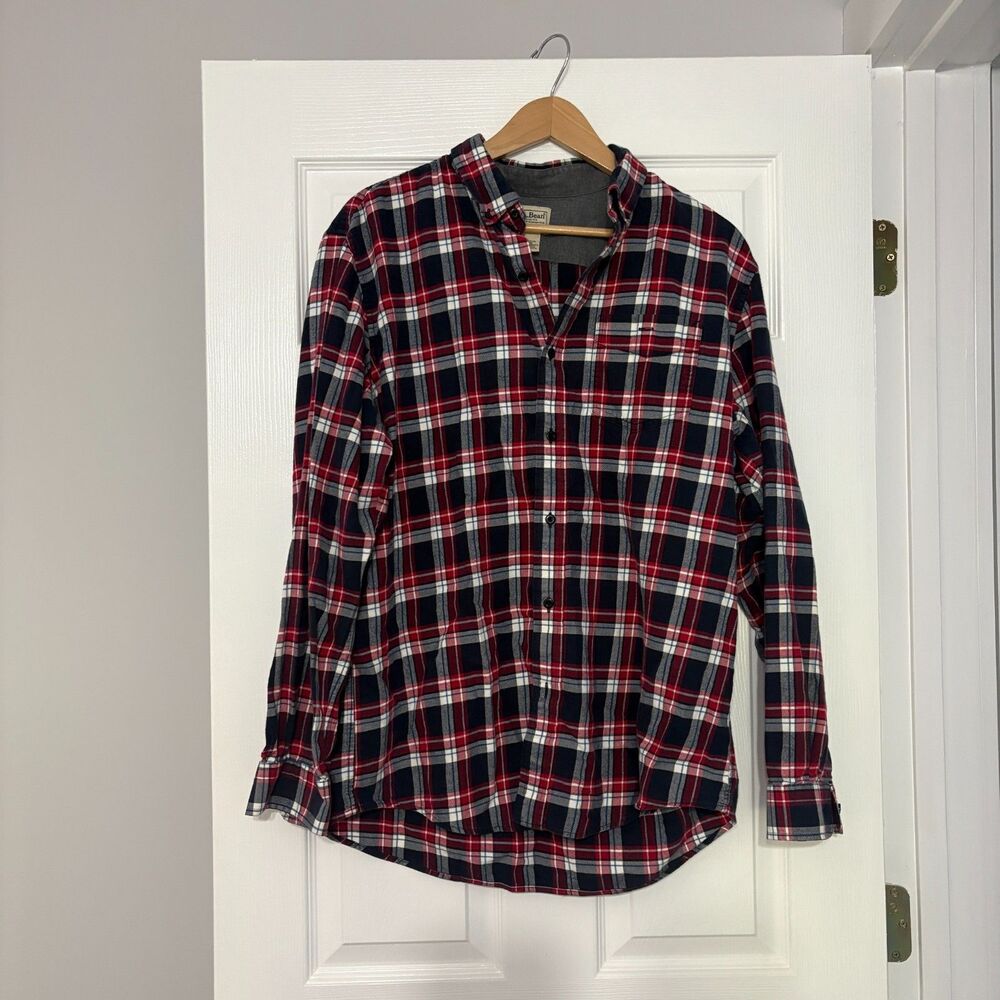 LL Bean Flannel Shirt Mens Large Blue Red Tartan Plaid Slightly Fitted Cotton